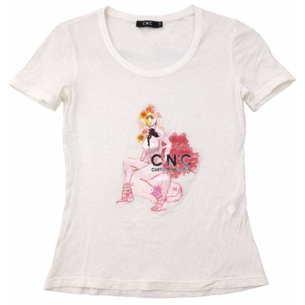 Cnc Costume national womens xsmall graphic teeshirt cream pink lightweight sheer